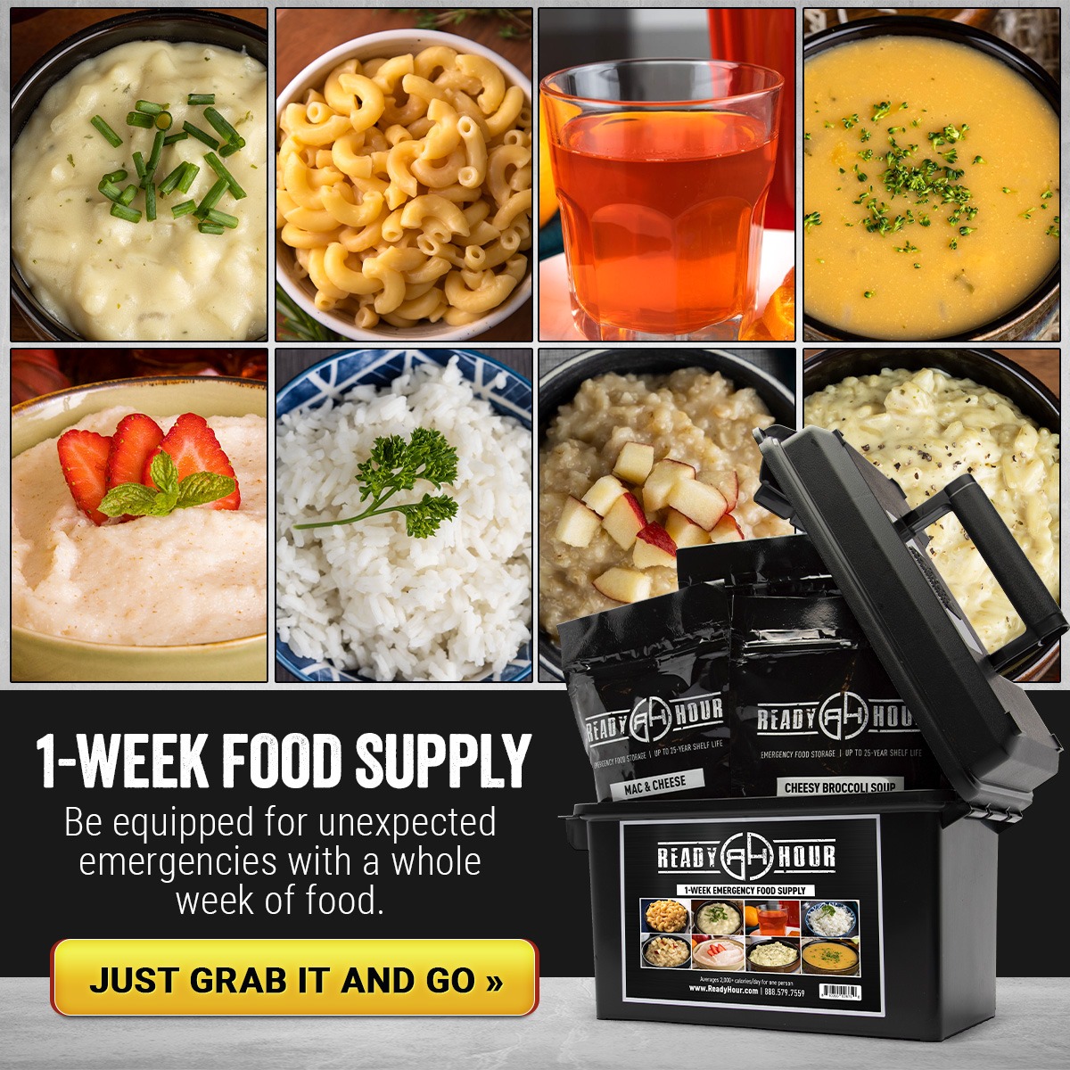 Seven meals including macaroni, soup, rice, and oatmeal, displayed alongside a food supply bucket. Promotes preparedness for emergencies.