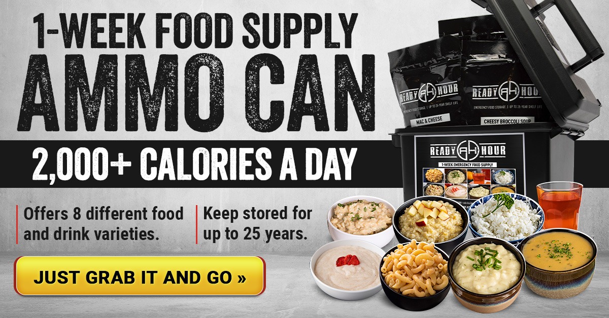 1-week food supply in an ammo can, offering over 2,000 calories daily with 8 food and drink varieties, stored for 25 years.