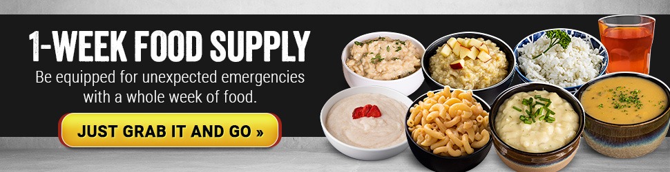 Variety of food items including pasta, rice, soup, and oatmeal, showcasing a 1-week food supply for emergencies. Ideal for preparedness.