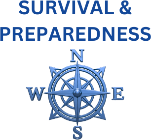 Survival and Preparedness graphic featuring a blue compass rose, highlighting essential navigation skills for emergency situations.