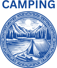 Circular emblem featuring mountains and a tent with a sun above, accompanied by the word "CAMPING." Represents outdoor recreational activities.