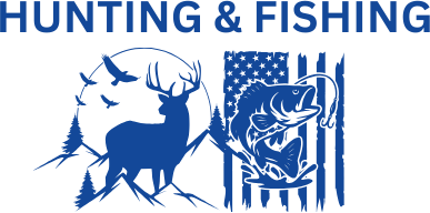 Hunting and Fishing logo featuring a deer, fish, and birds, set against the backdrop of trees and an American flag.