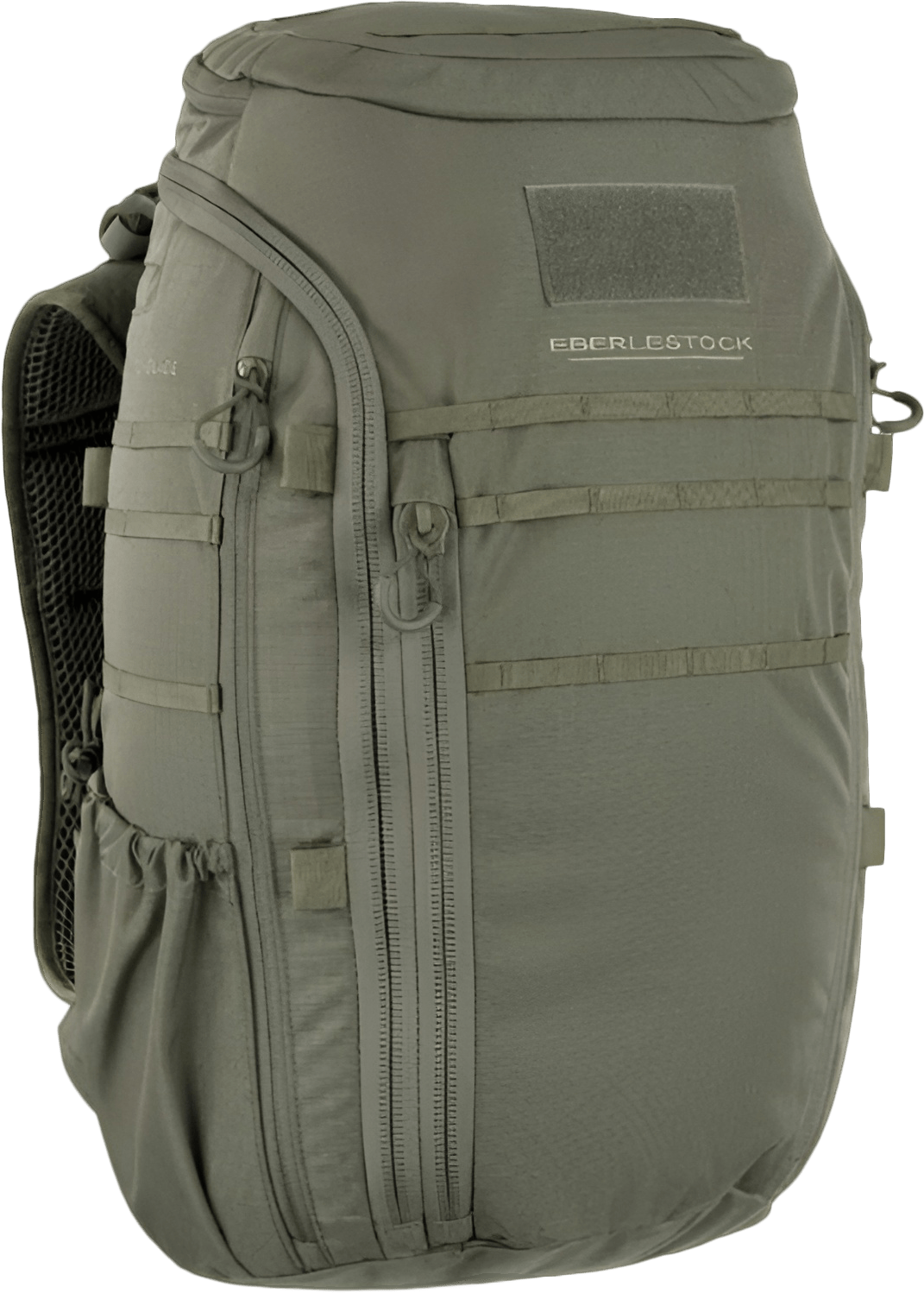Eberlestock tactical backpack in olive green, featuring multiple compartments and adjustable straps for versatility in outdoor activities.
